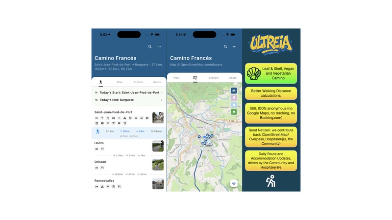 The image is a three-panel screenshot of a Camino de Santiago app called Ultreia.

Left panel: Stage info for the Camino Francés from Saint-Jean-Pied-de-Port to Burguete. It shows distance (27.5 km), ascent/descent, time estimate, and towns along the way with icons for services (beds, food, etc.).

Middle panel: Map view of the route near Saint-Jean-Pied-de-Port with blue markers for accommodations.

Right panel: Promo banner with graffiti-style “ULTREIA” logo and highlights: vegan/vegetarian Camino, better distance calculations, full anonymity, contributions to open data, and daily community updates.