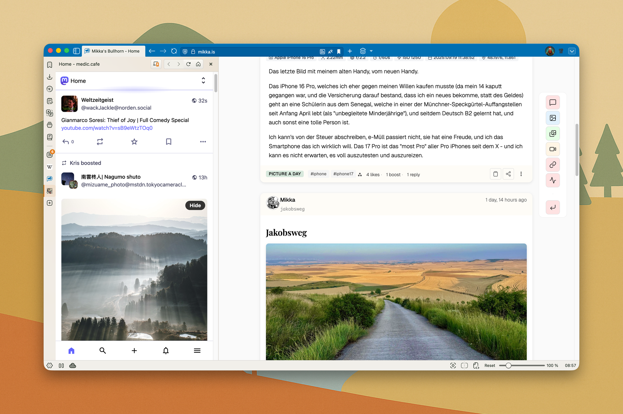Der Vivaldi Browser, in dem medic.cafe (Mastodon) und meine Webseite geöffnet sind.