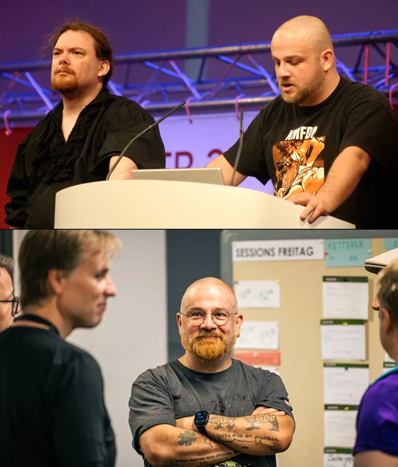 Das Bild zeigt zwei Personen, die an einem Podium stehen und etwas präsentieren. Die Umgebung sieht wie ein Veranstaltungsort oder eine Konferenz aus. Die Männer tragen legere, aber stilvollere Kleidung, was auf eine eher informelle Atmosphäre hindeutet. Insgesamt vermittelt das Bild den Eindruck einer Präsentation oder eines Vortrags vor einem Publikum.