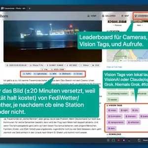 Die Oberfläche eines Posts auf Bullhorn. Herausgestellt werden die oben beschriebenen Features mit roten Kästen.