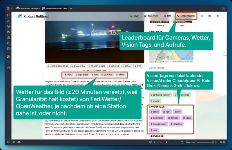 Die Oberfläche eines Posts auf Bullhorn. Herausgestellt werden die oben beschriebenen Features mit roten Kästen.