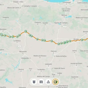Der Camino Francés, die 790km lange Wanderstrecke von Frankreich durch Spanien, mit veganen und vegetarischen Hostels und Restaurants angezeigt.
