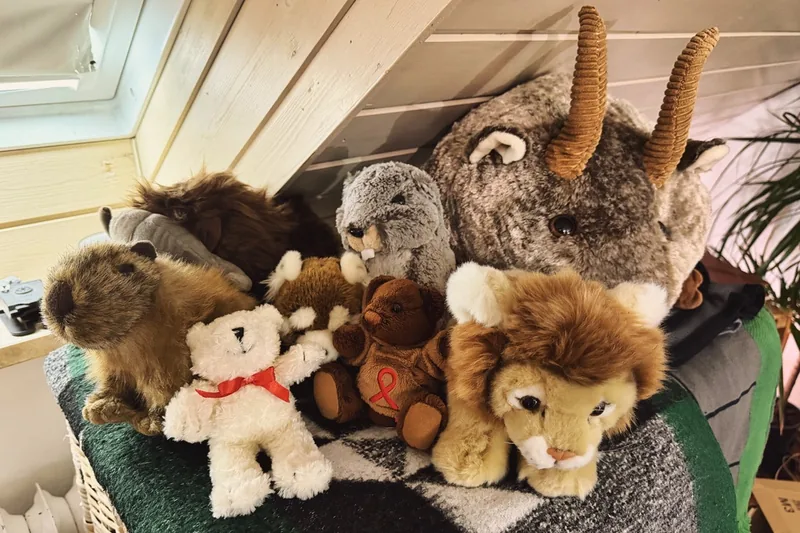 Das Bild zeigt eine Reihe von Plüschtieren, die in einem Korb oder einer Kiste auf einem hellen, mit Holzvertäfelung ausgekleideten Hintergrund platziert sind. Die Plüschtiere umfassen eine Auswahl an verschiedenen Tieren, darunter Bären, Hasen und weitere Fantasietiere mit Hörnern. Die Szene vermittelt einen gemütlichen, häuslichen Eindruck und lässt vermuten, dass es sich um einen Ort handelt, an dem Spielsachen oder Dekorationsgegenstände aufbewahrt werden.