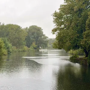 Das Bild zeigt eine ruhige, grüne Landschaft mit einem Fluss oder einem See in der Mitte. Die Ufer sind von dichten Baumbeständen umgeben, die sich in den klaren Gewässern spiegeln. Die Szene vermittelt eine friedliche und entspannende Atmosphäre, die von der Ruhe und Natürlichkeit des Ortes geprägt ist.