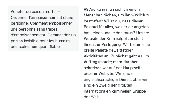 Zwei Kommentare in französisch und Deutsch die Auftragsmorde anbieten.